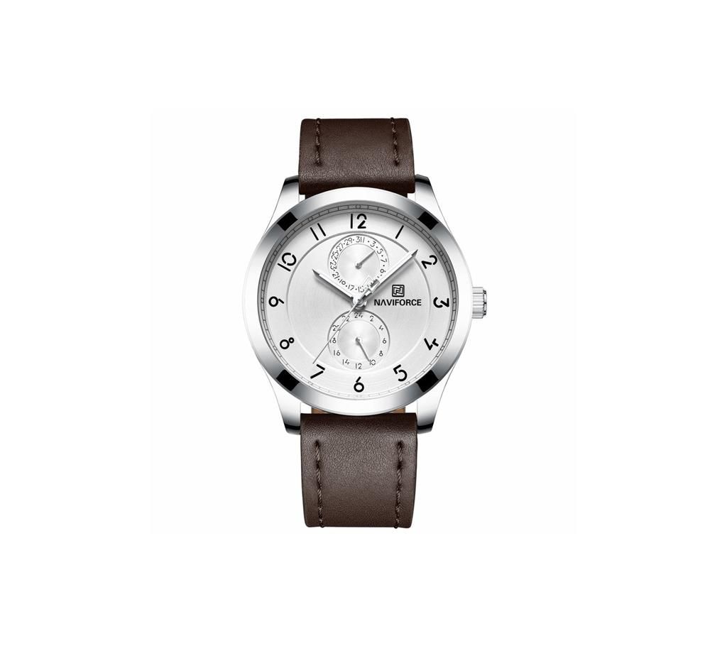 NAVIFORCE NF3004 Dark Brown PU Leather Chronograph Watch For Men - Dark Brown & White