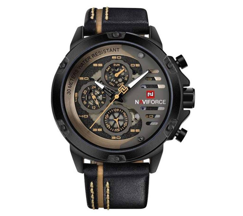 Naviforce Eid Collection NF9110  Casual Leather Quartz Watch with chrono ability - Black & Grey