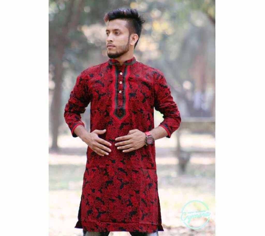 Red & Black Cotton Casual Panjabi For Men 