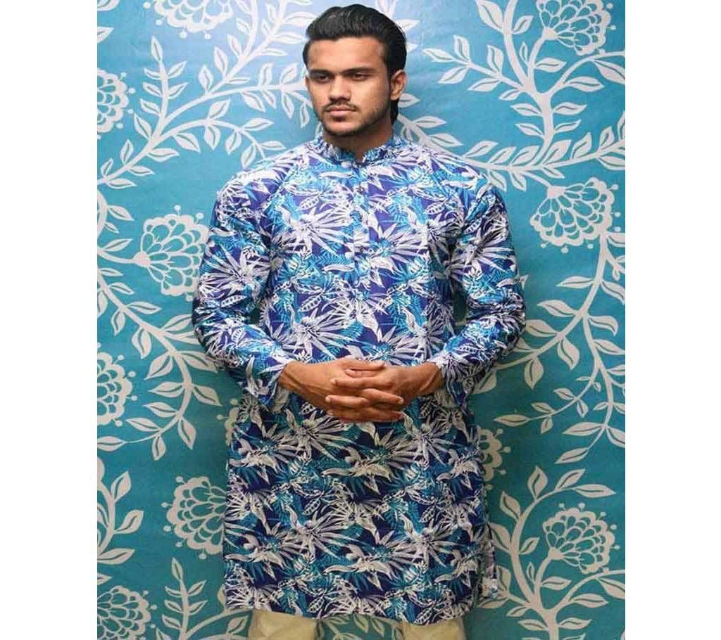 Mens Cotton Punjabi - Navyblue & Aqua Mix with White Color and Full Body Big Leaf Design - MPL 40