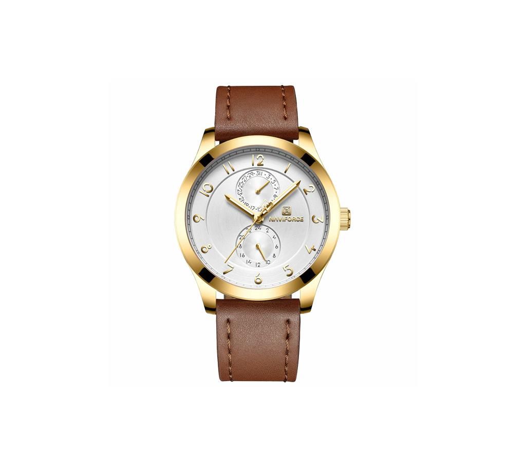 NAVIFORCE NF3004 Brown PU Leather Chronograph Watch For Men - Brown & Gold