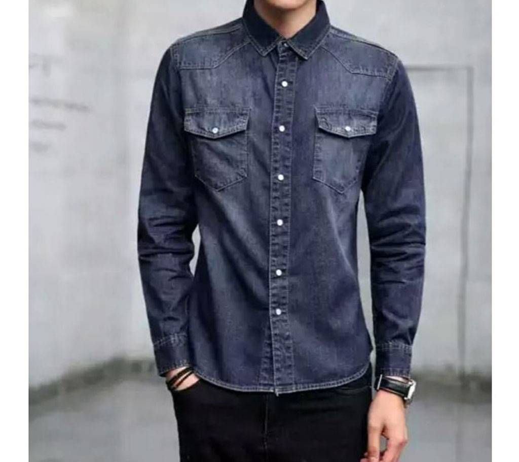 Black Denim Long Sleeve Casual Shirt for Men - 002 - UPF