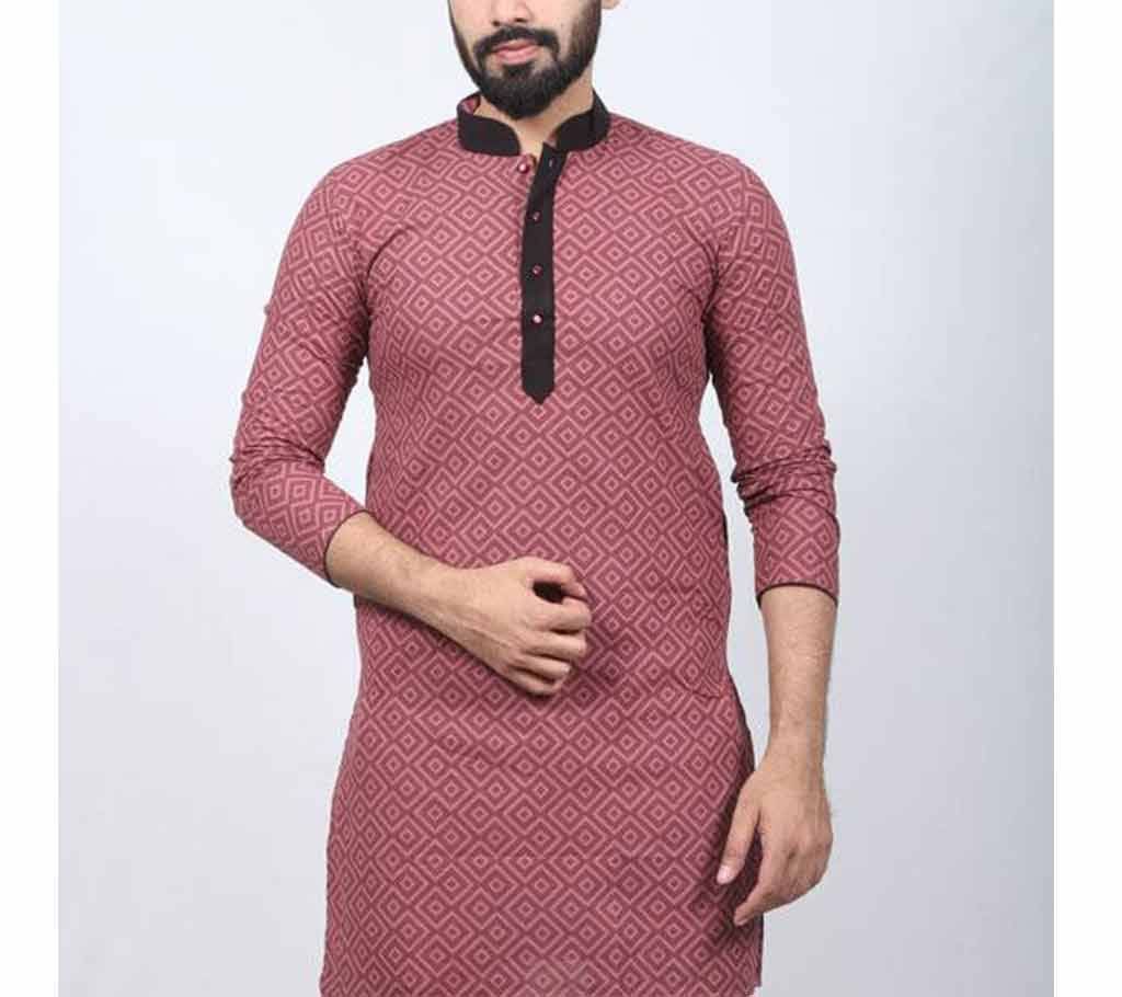 maroon printed semi long cotton punjabi for men 