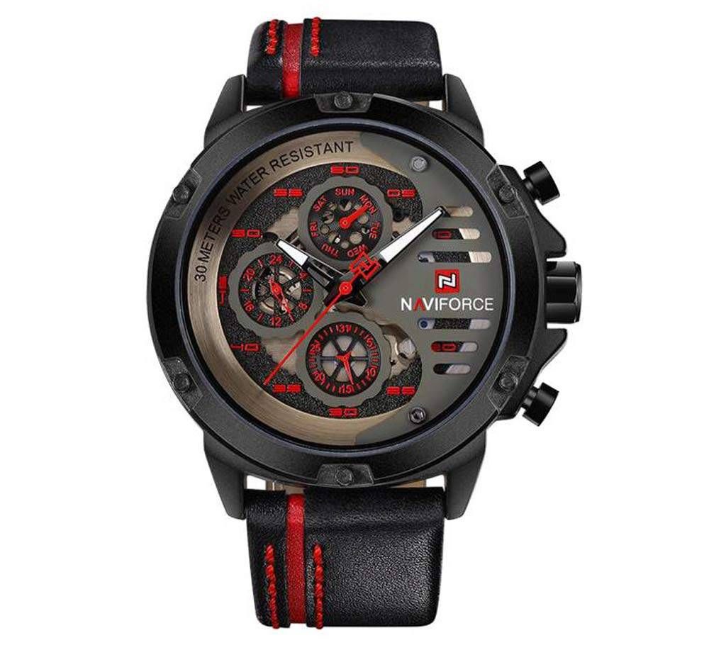 Naviforce Eid Collection NF9110  Casual Leather Quartz Watch with chrono ability - Black & Red