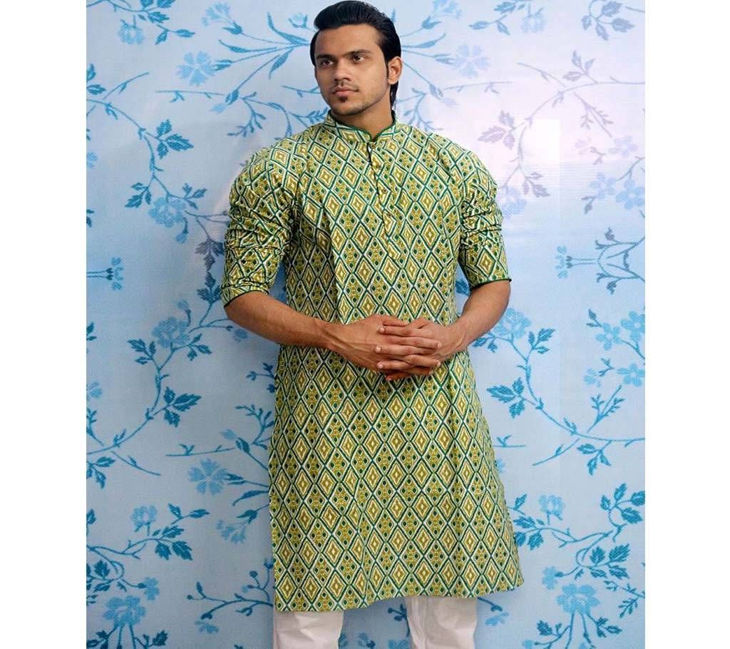 Lime Semi Long Cotton Panjabi for Men