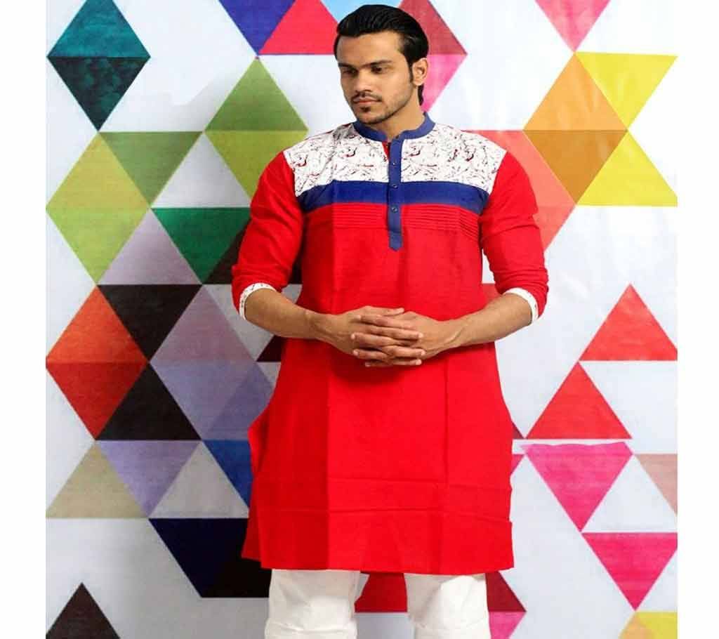 Mens Cotton Punjabi - Red and White Mix with Navy Blue Neck - MPL 55