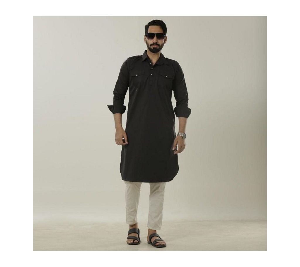 Black Cotton Semi Long Printed Kabli Panjabi For Men