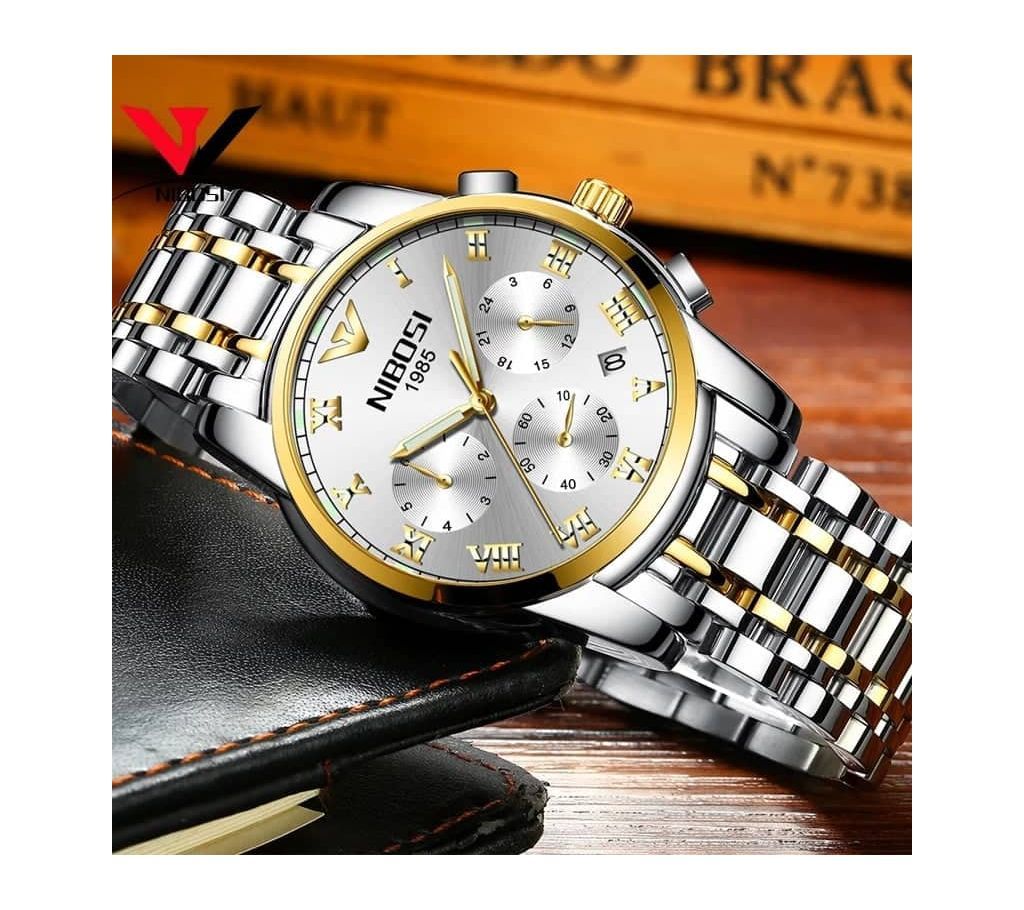 NIBOSI 2301 Mens Chronograph Quartz Wristwatch Silver With Gold