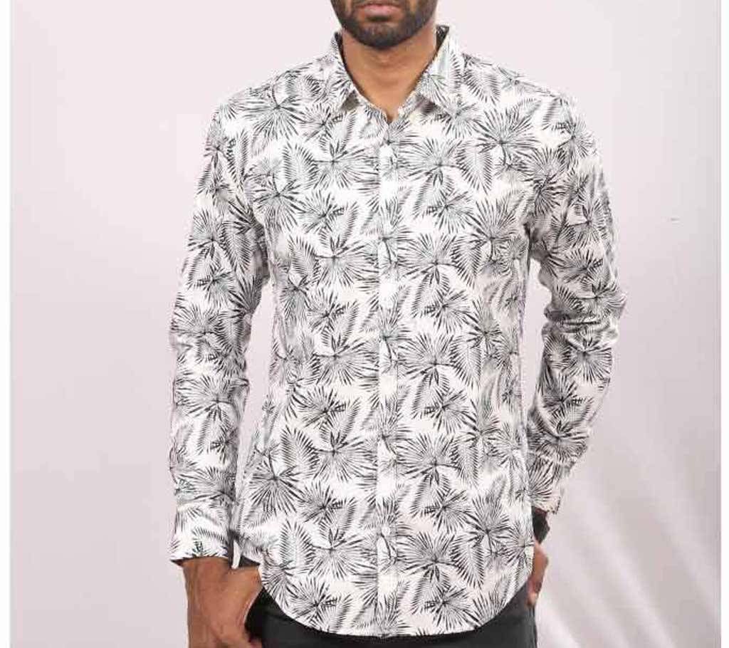 Black and White Cotton Long Sleeve Casual Shirt for Men