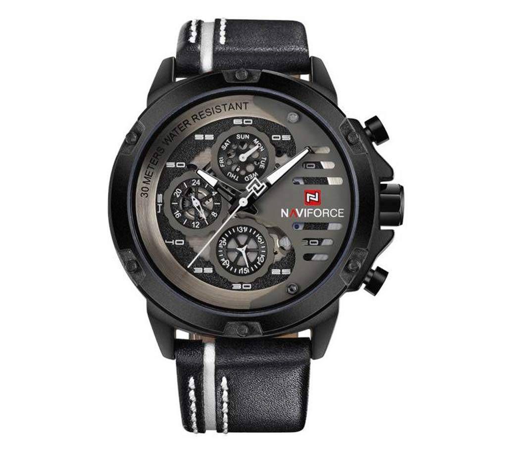Naviforce Eid Collection NF9110  Casual Leather Quartz Watch with chrono ability - Black & White