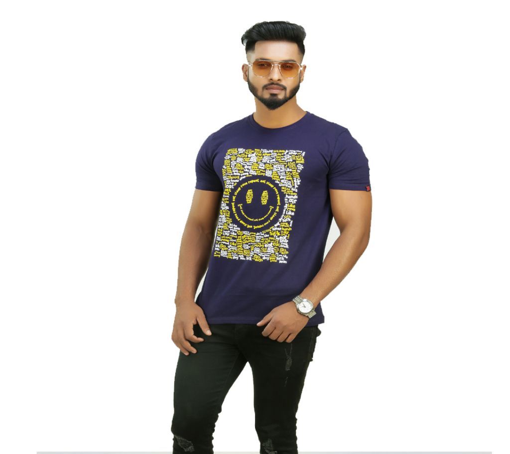 Mens Half Sleeve Casual Smile Face Emoji Text T Shirt Navy