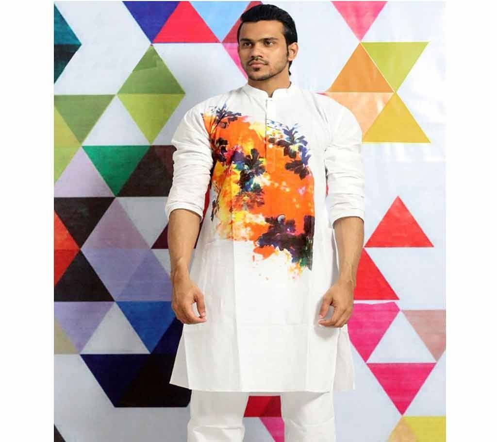 Mens Cotton Punjabi - White and Orange Mix with Flower Print - MPL 58