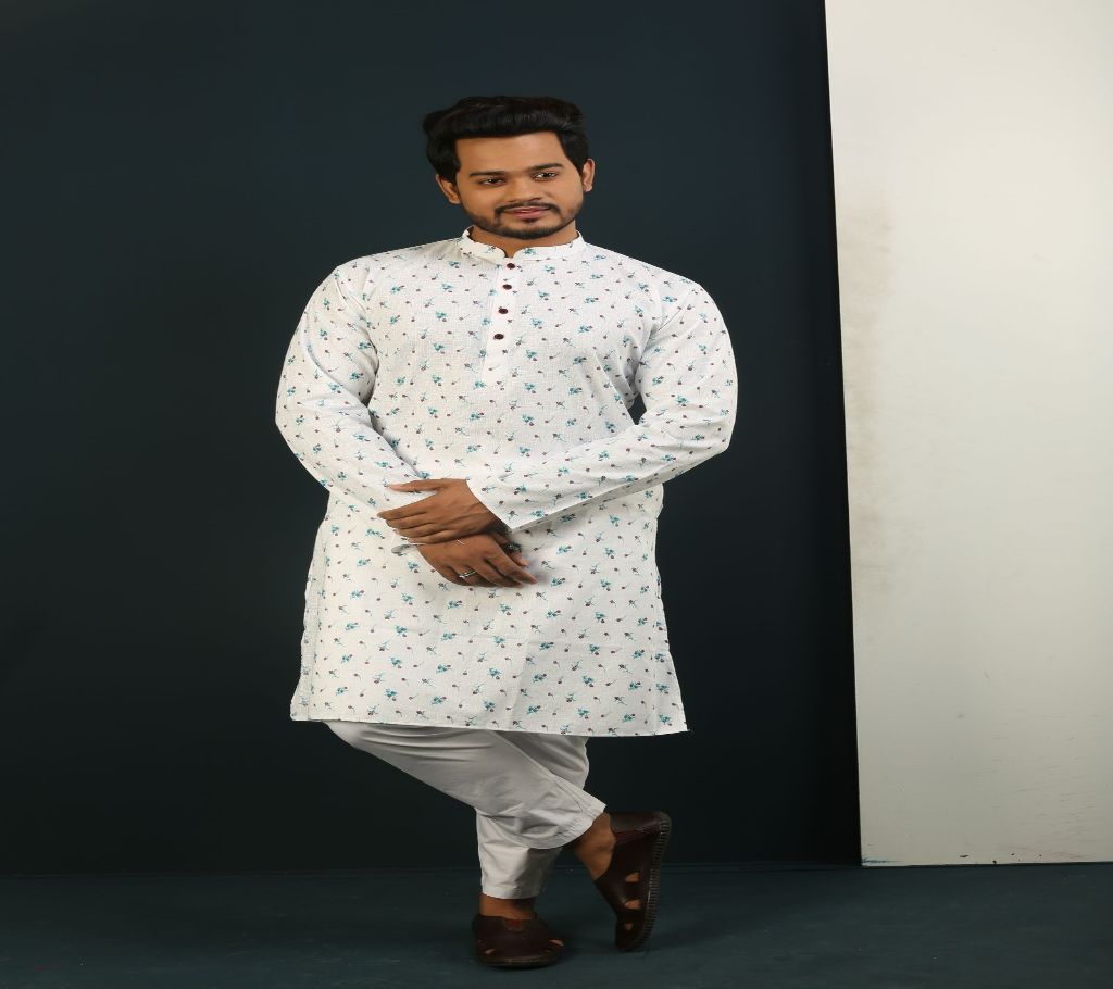 42 - Cotton Punjabi - White with Paste Small Flower Print - 191127