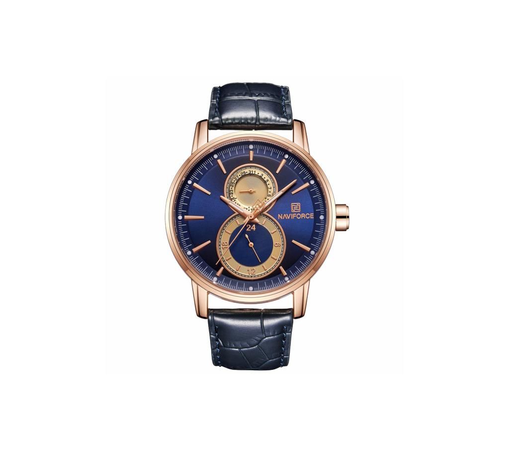 NAVIFORCE NF3005 Navy Blue PU Leather Chronograph Watch For Men - RoseGold & Navy Blue