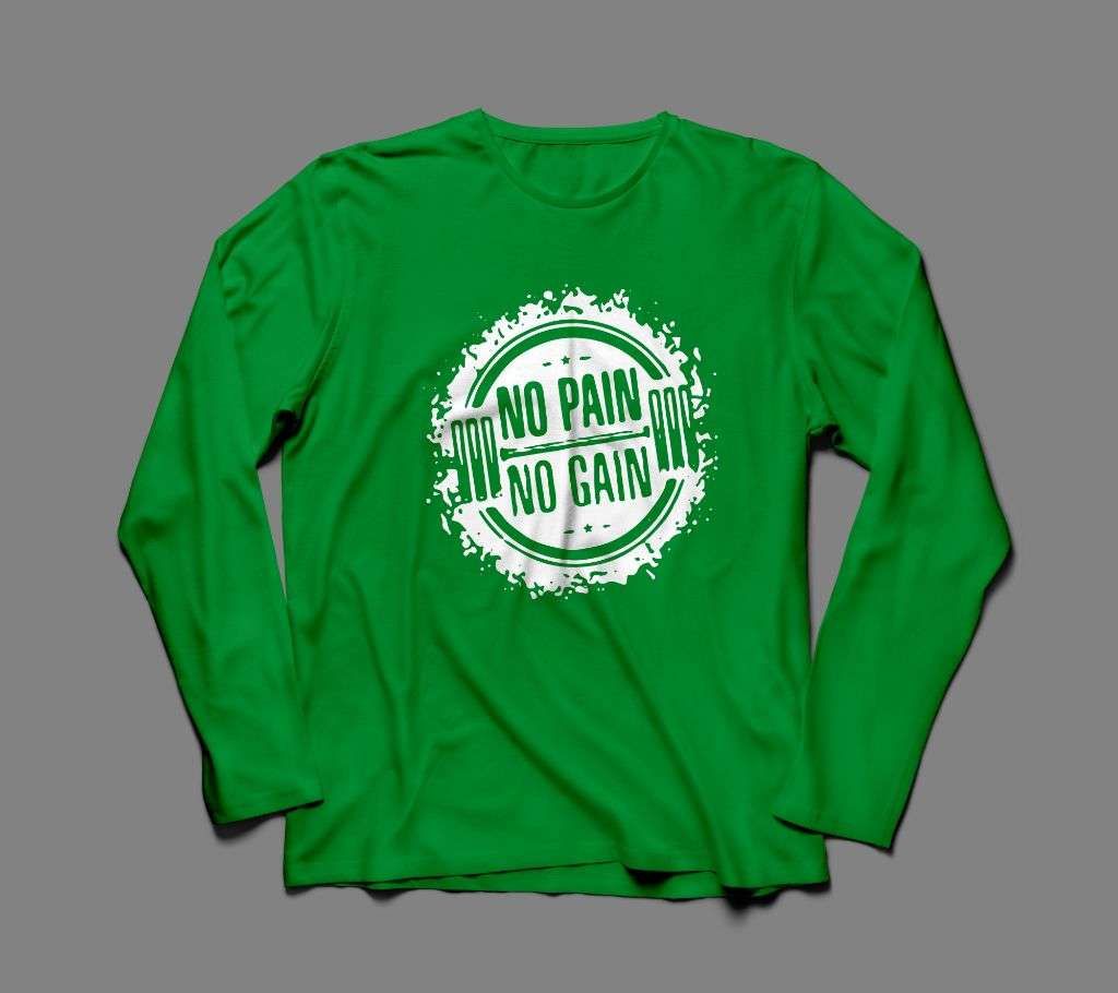 NO PAIN NO GAIN 2 LONG SLEEVE GREEN COTTON TSHIRT FOR MEN