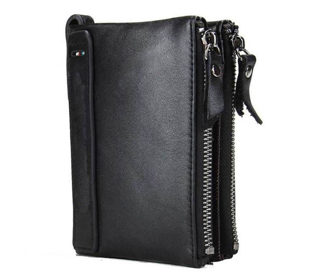 Black Double Zip Coin Leather Wallet for Men