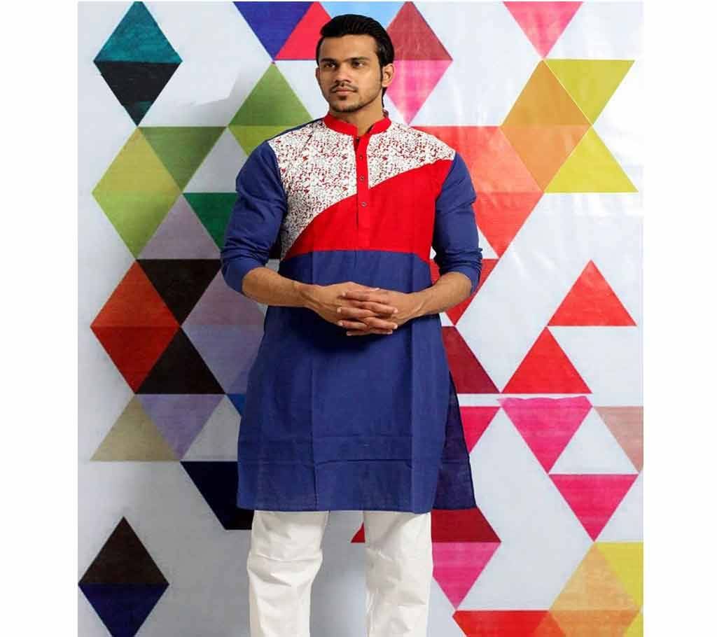 Mens Cotton Punjabi - Navy Blue, White and Red Mix With Red neck - MPL 60