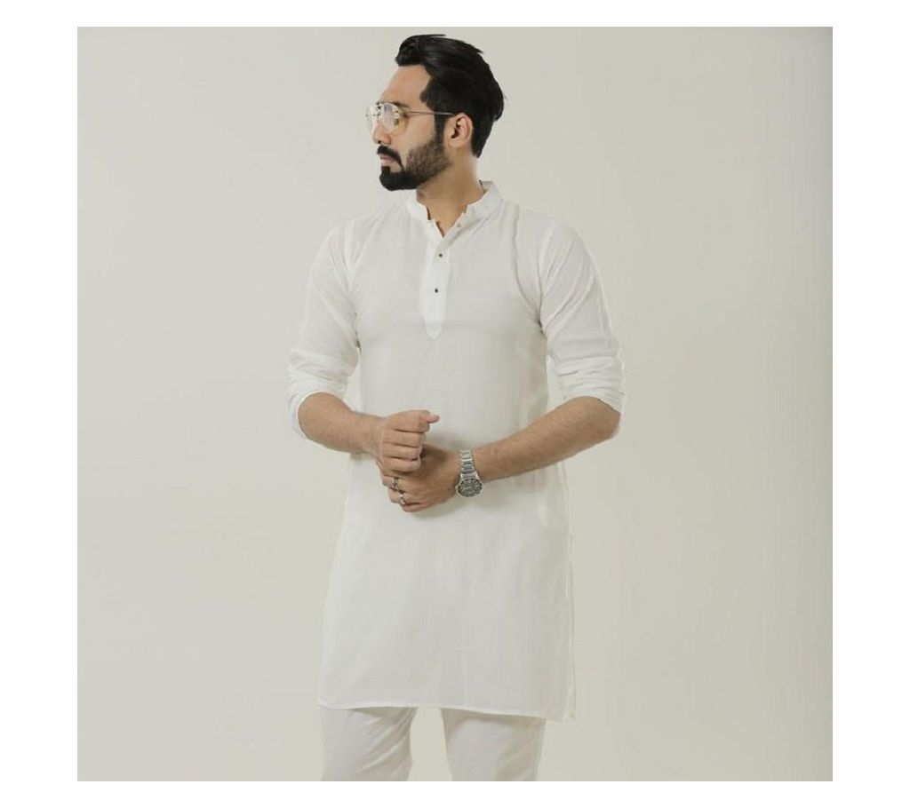 White Cotton Short Printed Panjabi For Men