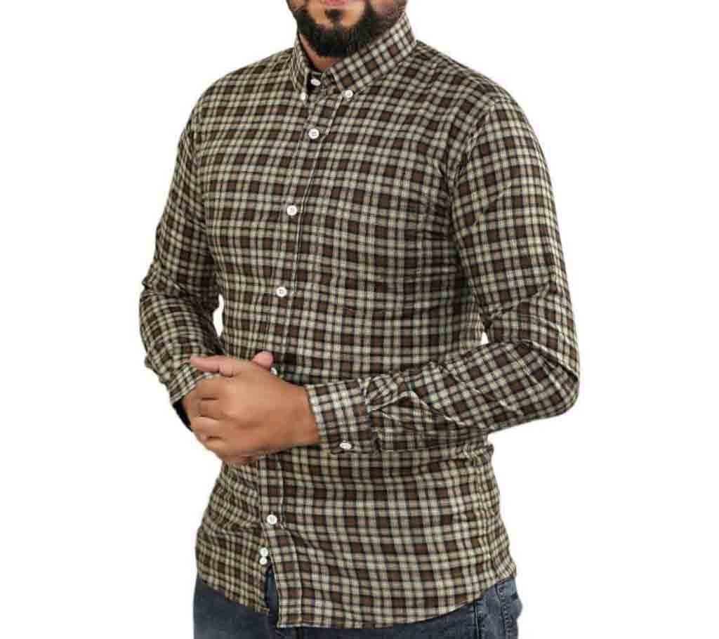 Long Sleeves Casual Shirt-Brown With Check Print-Ds2025-Dvs