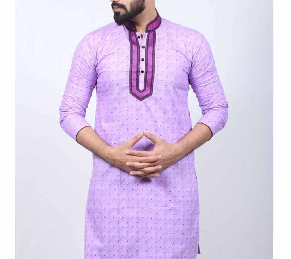 purple printed semi long cotton punjabi for men 