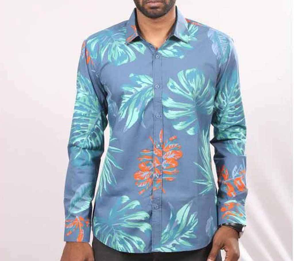 Turquoise Cotton Long Sleeve Casual Shirt for Men