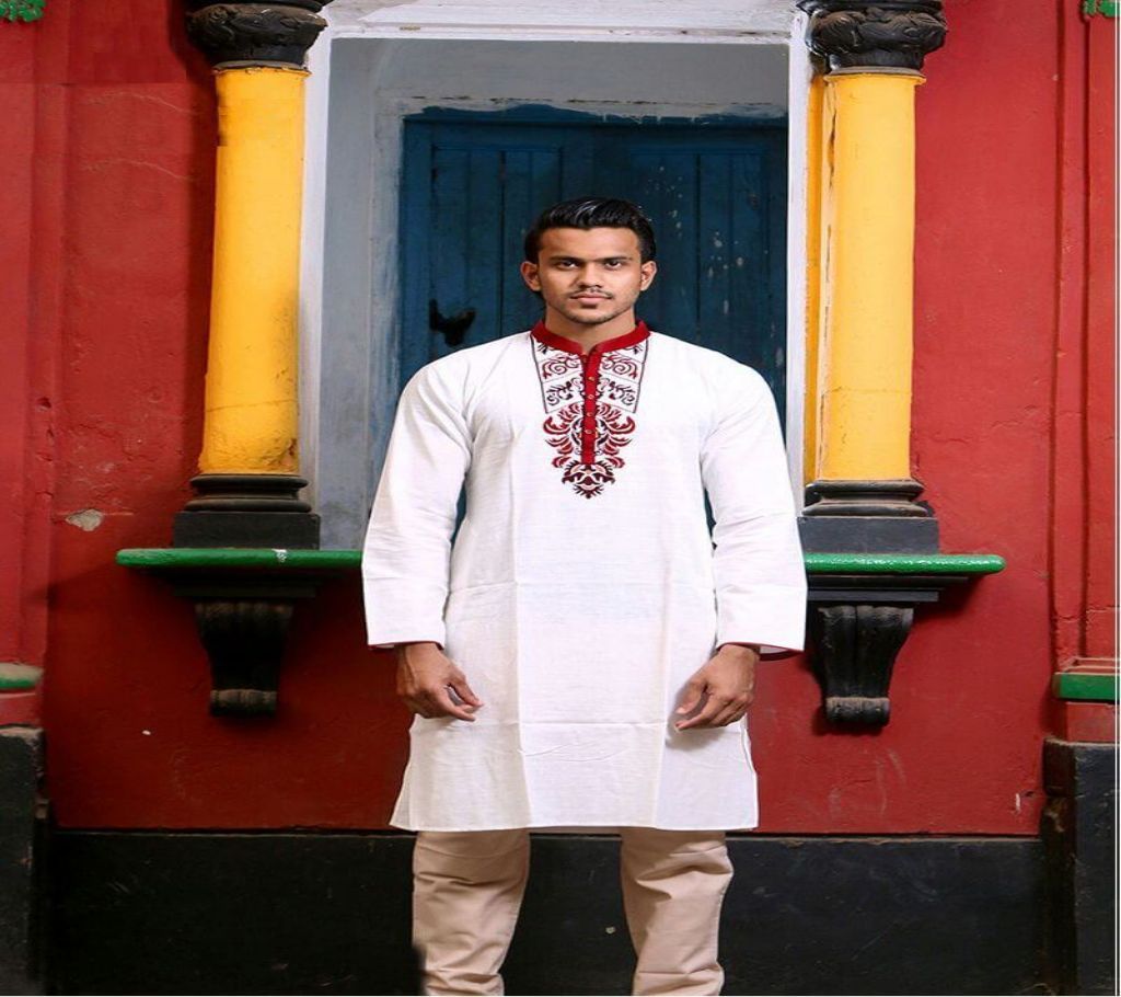 Mens Cotton Punjabi - White With Red Neck and chest work - MPL 11