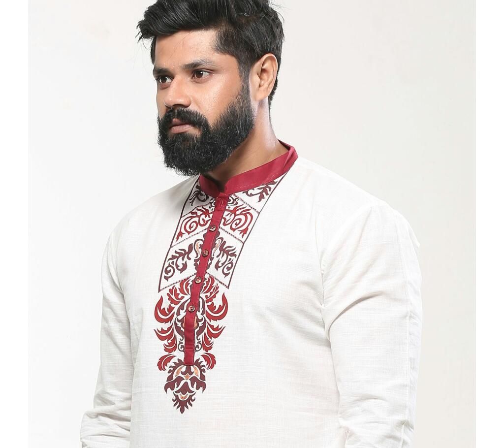 Men's Cotton Punjabi  White Red Ethnic Block Print