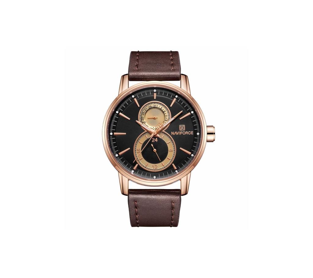 NAVIFORCE NF3005 Dark Brown PU Leather Chronograph Watch For Men - Dark Brown & RoseGold