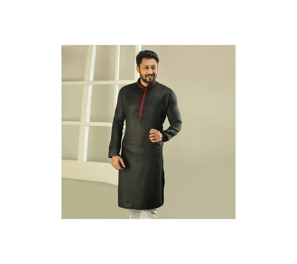 Mens Semi Long Panjabi  01  Black with Red Neck