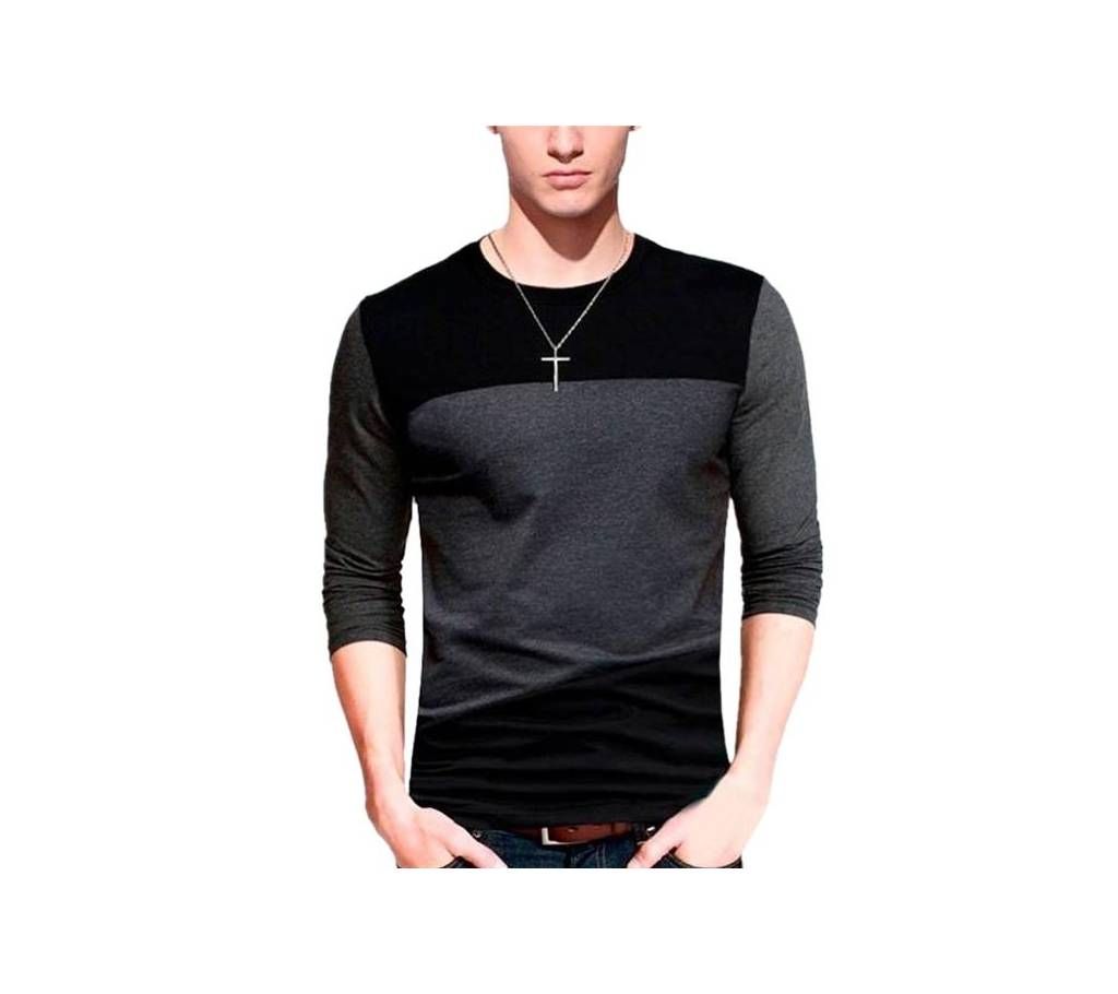 Black And Gray Cotton Long Sleeve T-Shirt For Men