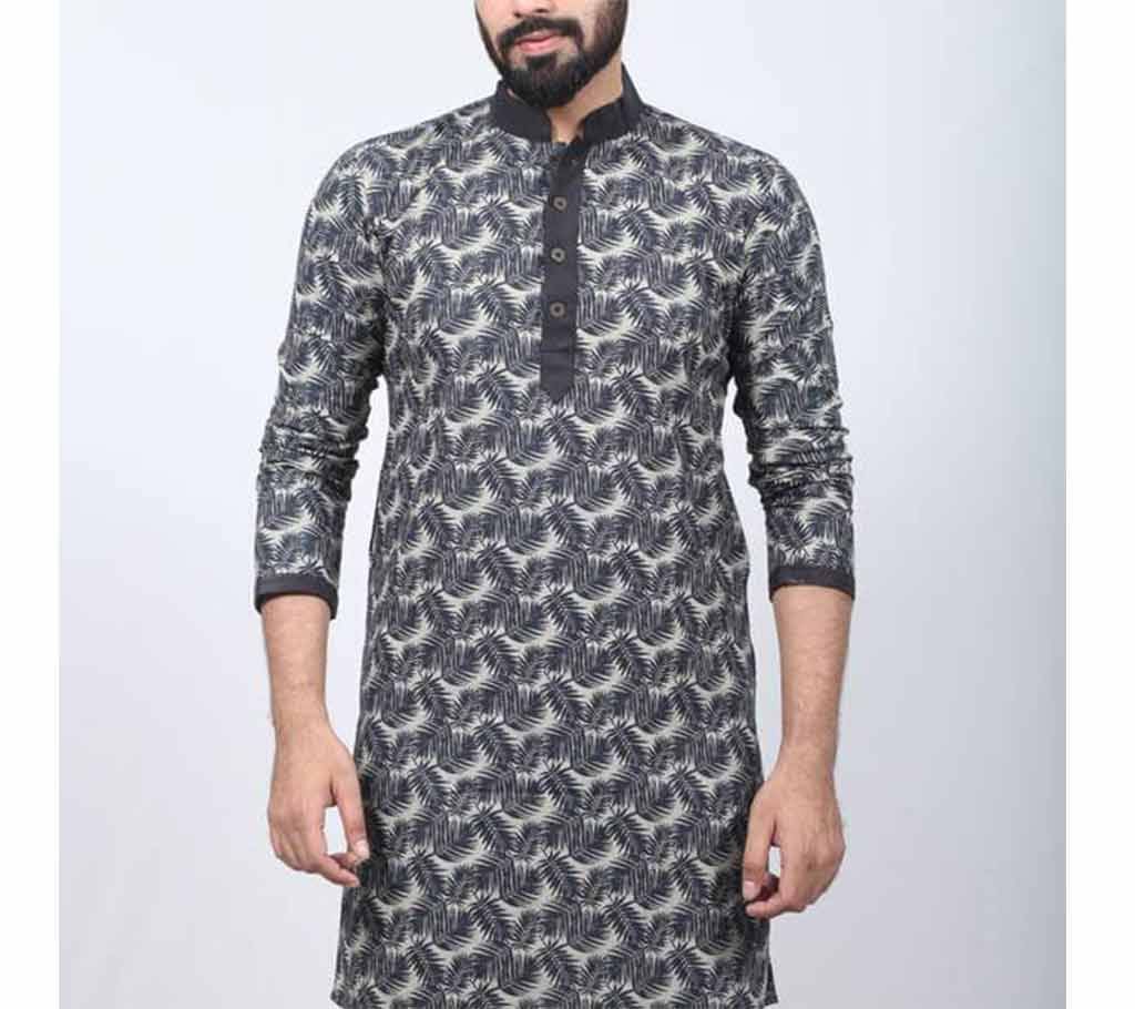 Black Leaf Printed Cotton Panjabi For Men
