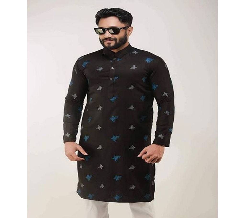 Black with Ash and Blue Butterfly Print Design Cotton Panjabi  11