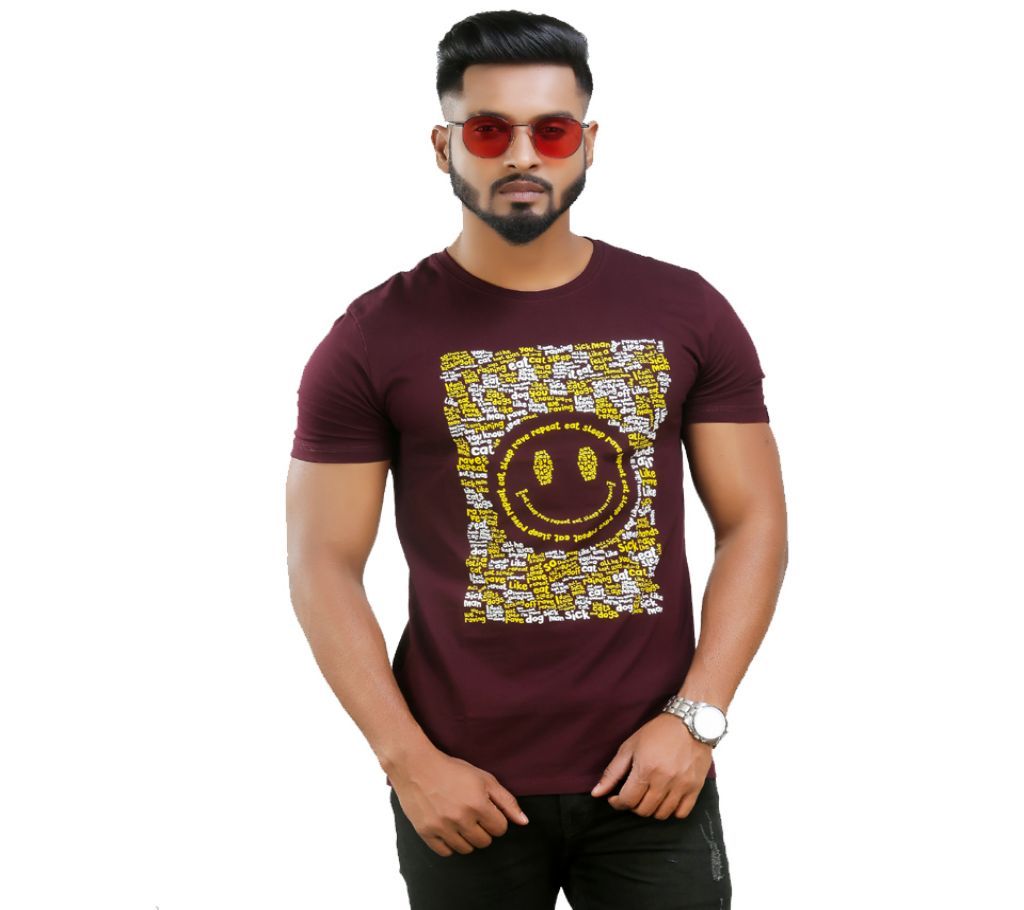 Mens Half Sleeve Casual Smile Face Emoji Text T Shirt Coffee