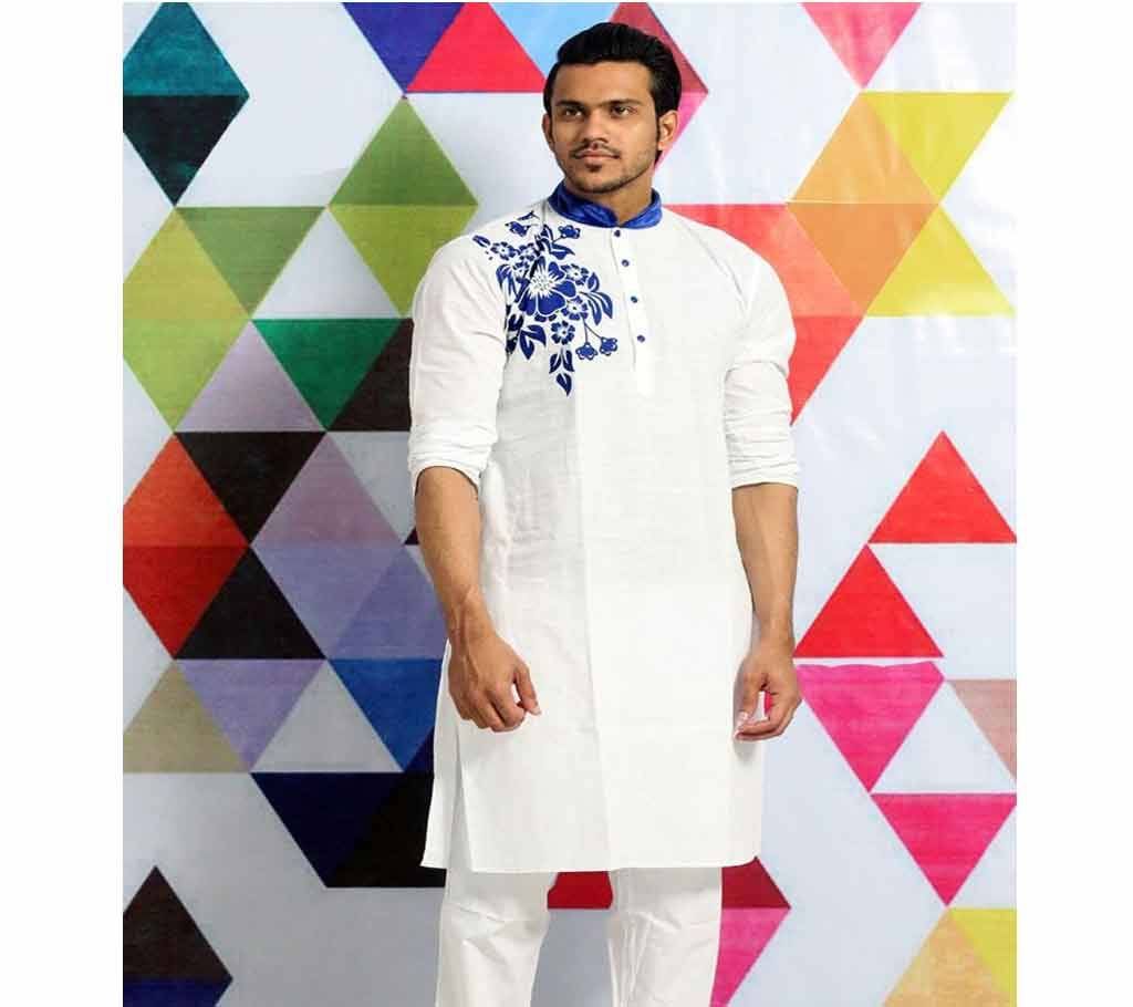 Mens Cotton Punjabi - White with Leaf Solder Design with Blue Neck - MPL 65