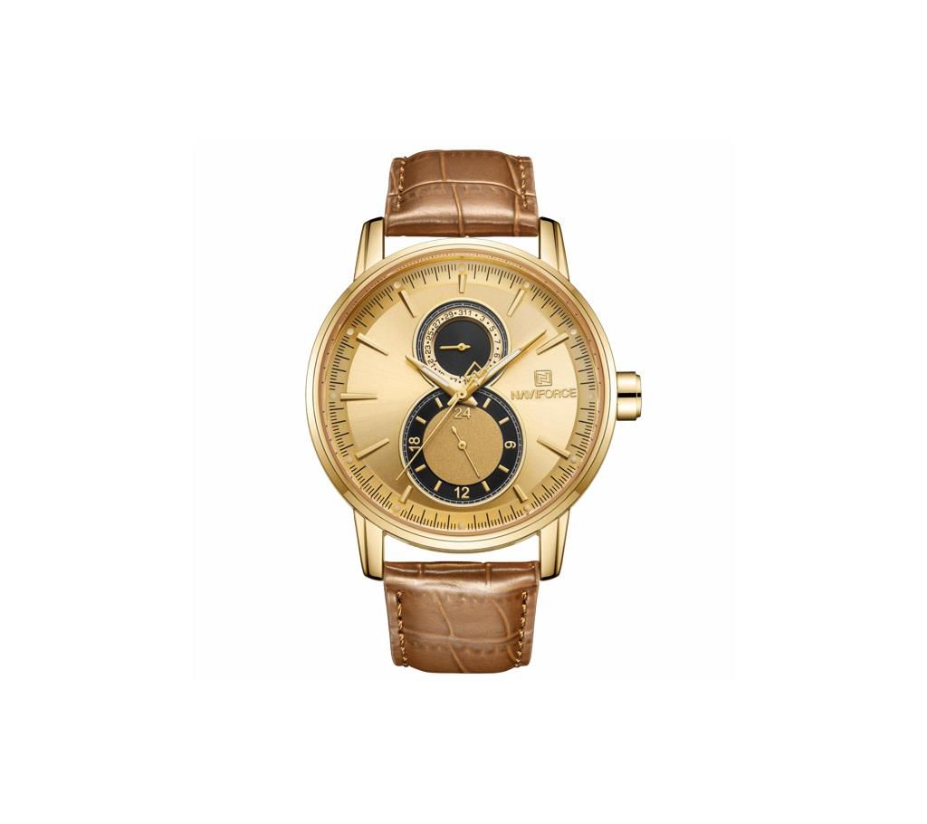 NAVIFORCE NF3005 Brown PU Leather Chronograph Watch For Men - Golden & Brown