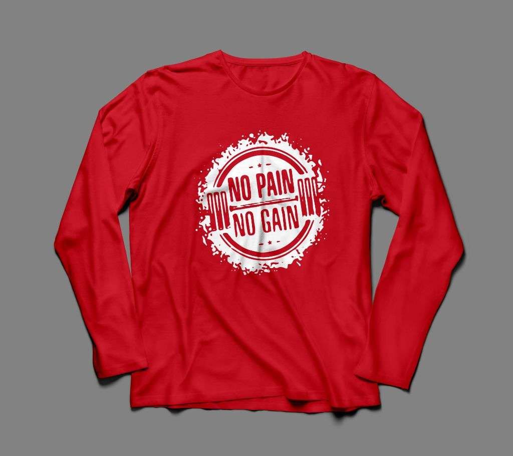 NO PAIN NO GAIN 2 LONG SLEEVE RED COTTON TSHIRT FOR MEN