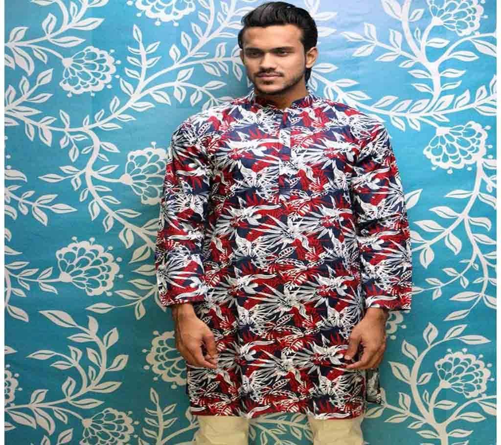 Mens Cotton Punjabi - Maroon & Navyblue Mix with White Color and Full Body Big Leaf Design - MPL 39 