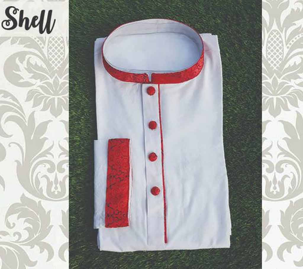 White Cotton Semi Long  Panjabi For Men