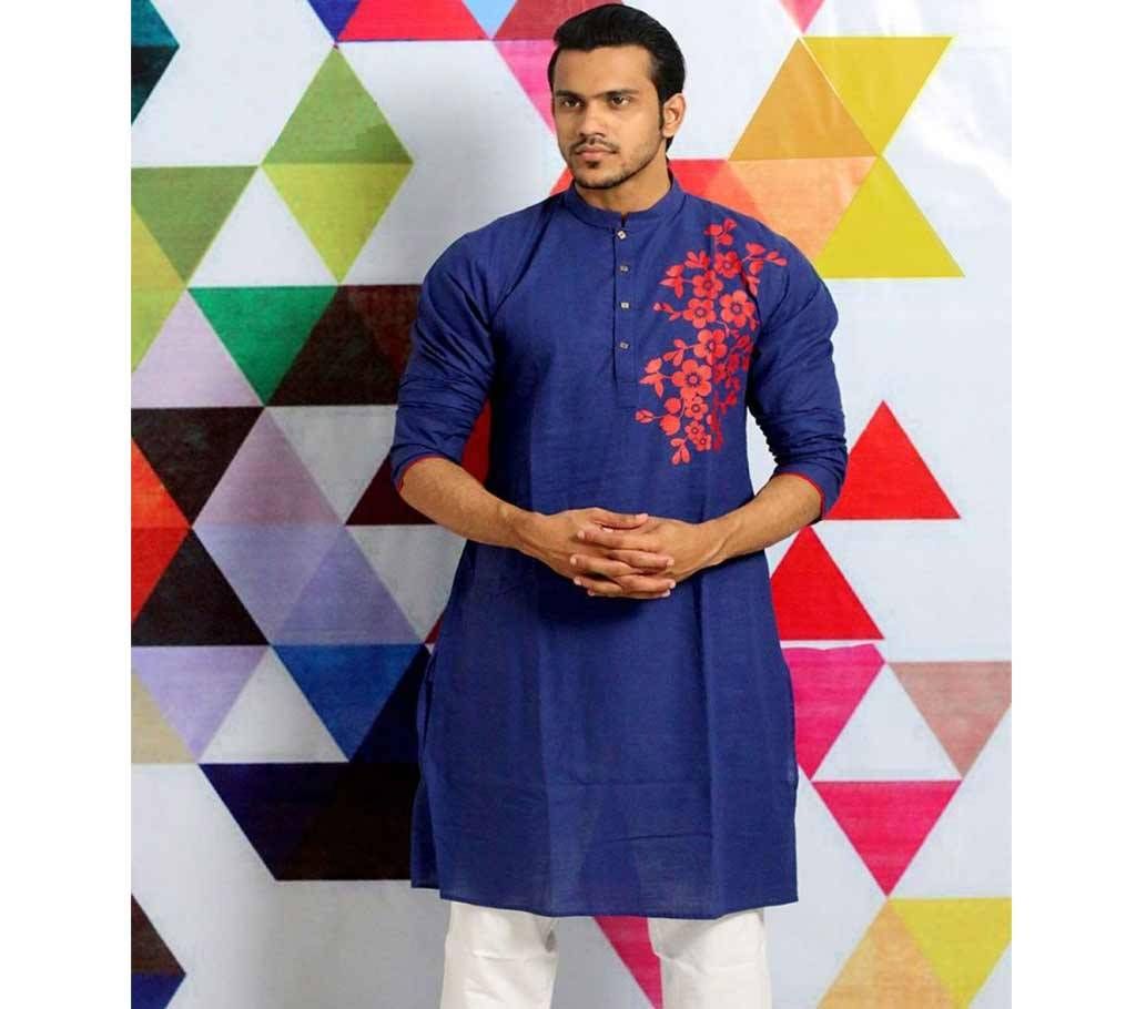Mens Cotton Punjabi - Solid Navy Blue with Red Flower Design - MPL 71