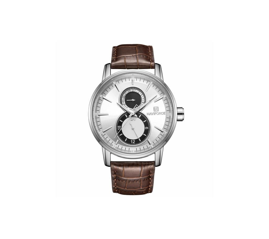 NAVIFORCE NF3005 Dark Brown PU Leather Chronograph Watch For Men - Silver & Dark Brown