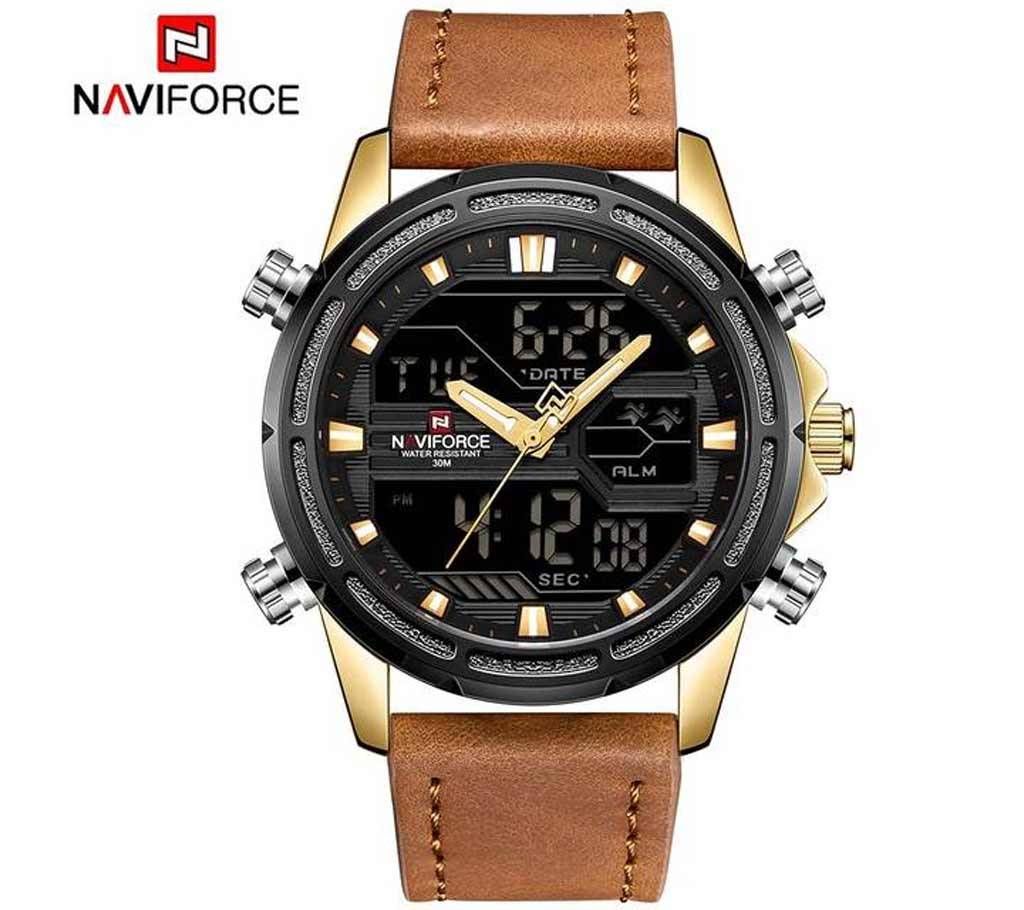 NAVIFORCE NF9138 PU LEATHER TWO TIME WRIST WATCH FOR MEN - GOLDEN