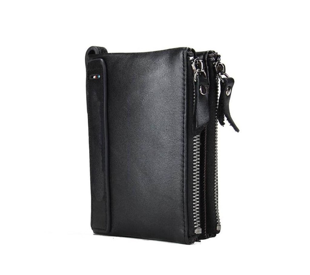 Black Original Leather Card Holder and Two Zipper Pockets Wallet for Men