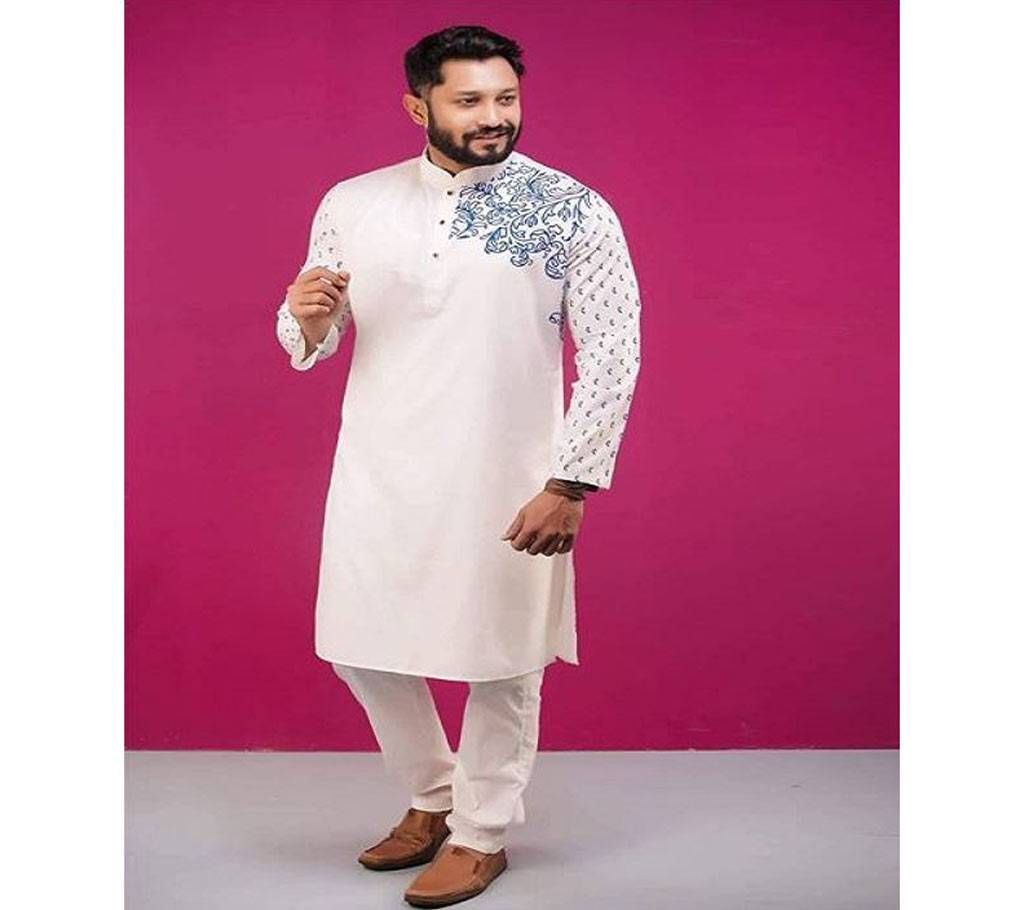 Off White with Blue Flower Design in Shoulder Cotton Panjabi  20
