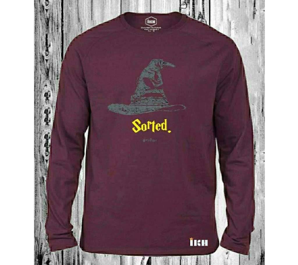 Sorted Full Sleeve T-Shirt for Man Maroon - 100% Cotton
