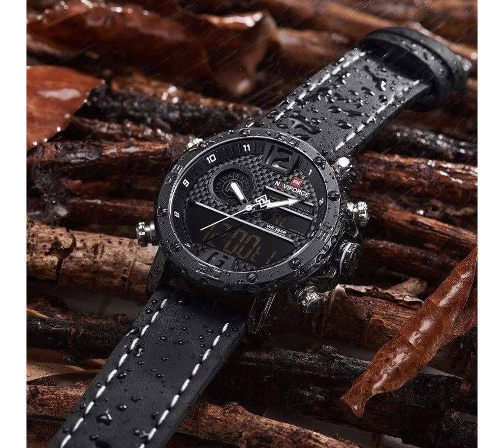 NAVIFORCE NF9134 Black PU Leather Dual Time Wrist Watch for Men