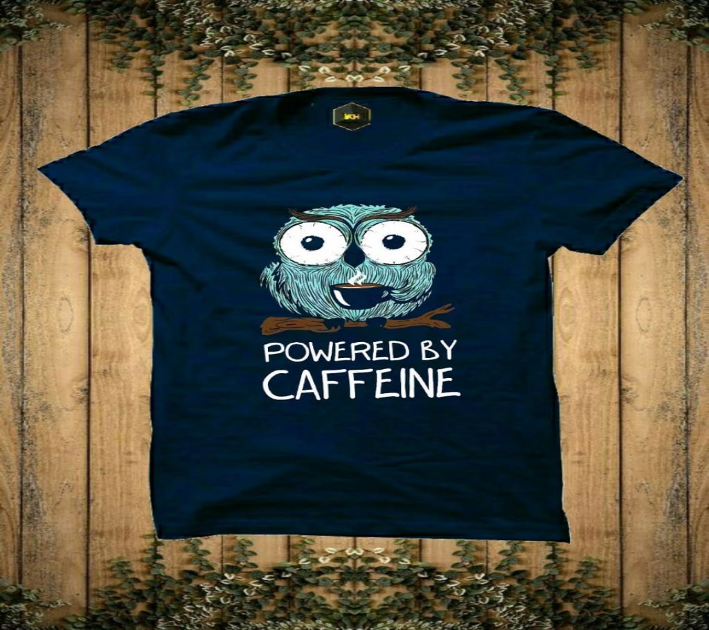 POWERED BY CAFFEINE Exclusive Design Rubber Print Half-Sleeve T-shirt For Men(Navy Blue)