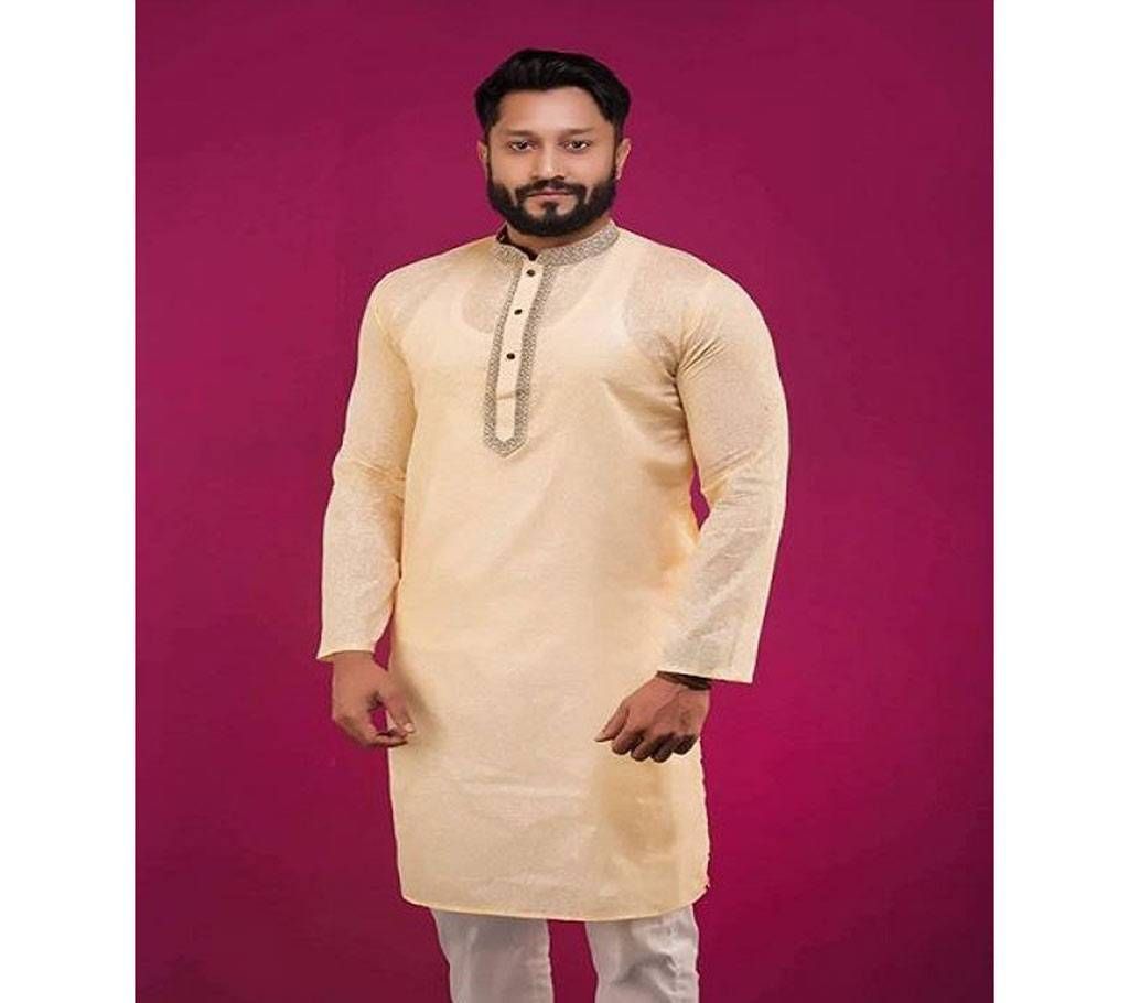 Cream with Black Net Design Neck and Collar Cotton Panjabi  19