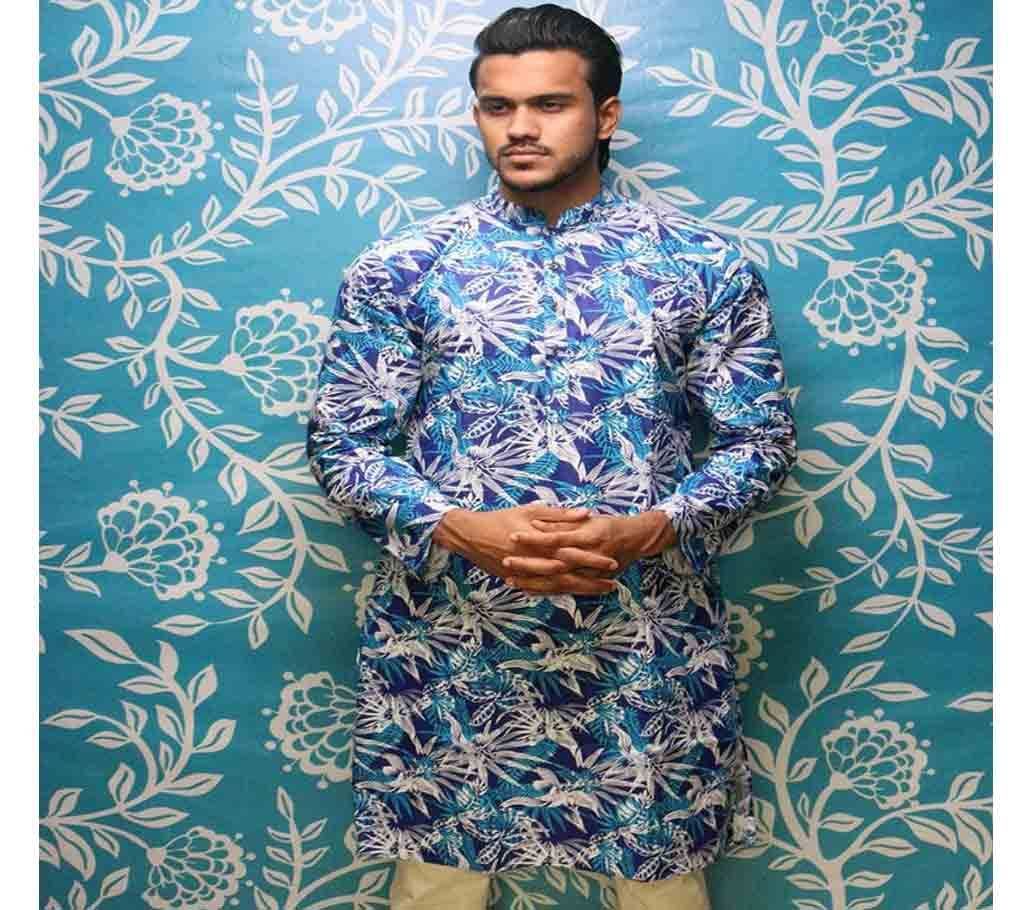 Mens Cotton Punjabi - Navy blue & Aqua Mix with White Color and Full Body Big Leaf Design - MPL 40