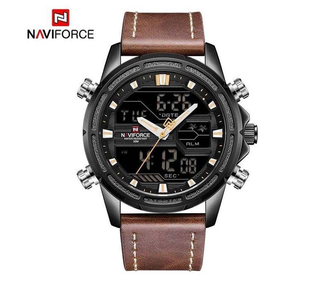 NAVIFORCE NF9138 PU LEATHER TWO TIME WRIST WATCH FOR MEN - BLACK & BROWN