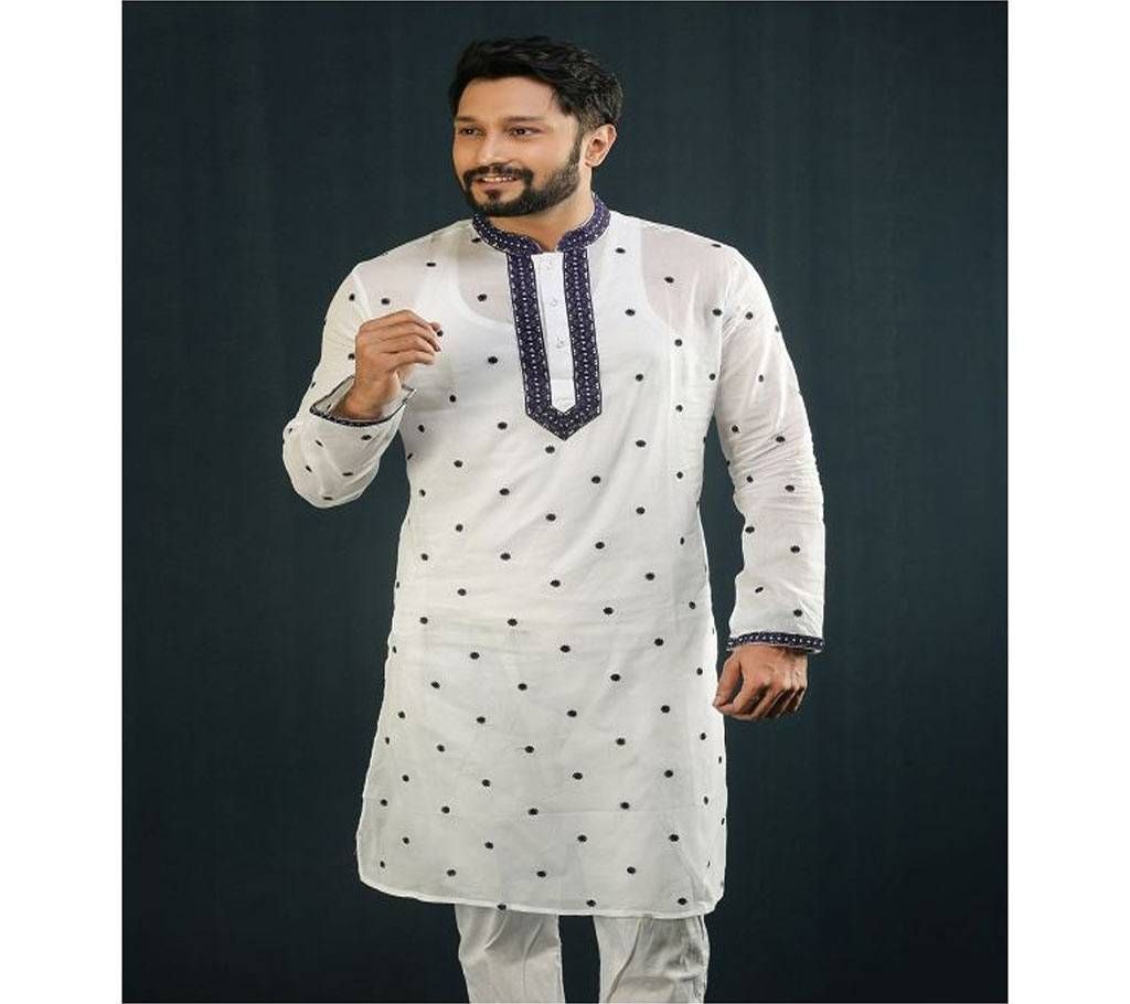 Eid Stylish Semi Long Panjabi  hoait with Ball Print and Neck Embroidery  239